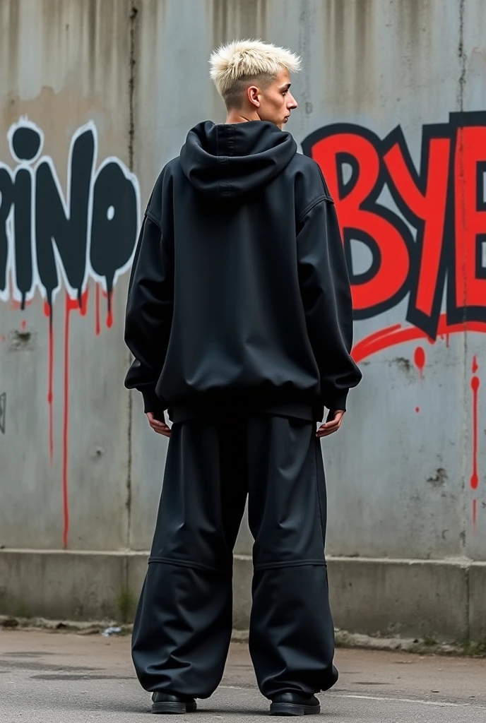 a trap singer, male, dark blond, looked from back, wearing all black clothes, oversized, hoodie, wide trousers, boots, chains, streetwear, FACING A WALL, WITH THE WORDS "TORINO" AND "BYE" WRITTEN ON THE WALL