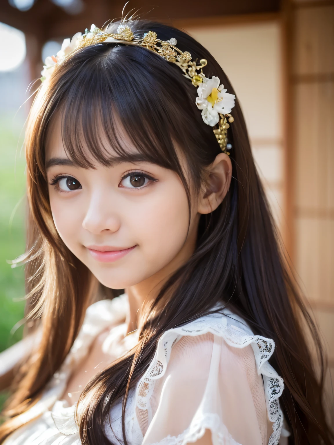 (Best-quality, Masterpiece, Ultra-High-Resolution, (Photorealistic:1.4), Raw Photo, depth of field, professional lighting), (1girl, 15-years-old, famous Japanese-idol, innocent smile), (wearing cute-lacy summer-dress), (((extremely cute and extremely big eyes))), (((extremely beautiful and extremely realistic skins))), ((extremely beautiful long-eyelashes)), ((extremely cute face like a very popular Japanese-idol)), ((extremely beautiful long-hair)
