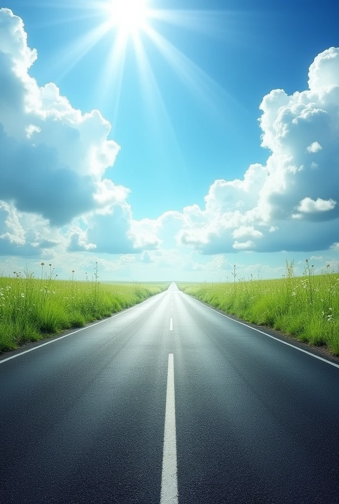 Modern road, blue sky, middle view of the road, looking up a bit