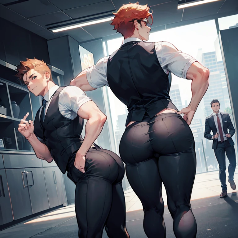 One Man, muscular, jocks, athletic, ginger, wearing suit vest clothes, big butt, huge ass, comically massive ass, bubblebutt, thick, thicc, thick ass, thick legs, thick thighs, huge butt cheeks, ass huge, showing butt to camera, smiling, looking back at camera, big booty, man booty, men with huge butts, men in suit vest clothes, showing off ass, absolutely massive butt, enormous ass cheeks in suit vest pants, full ass, wide ass, round ass, tight suit vest pants, abnormally huge butt, unrealistically massive ass, Giant butt cheeks, giant butt, giant ass, dark dress pants, button down shirt, men, bodyguard, suit vest black, gay, fight some thiefs, suit vest black, night, naked, alone, shift night, man or boy, no girls