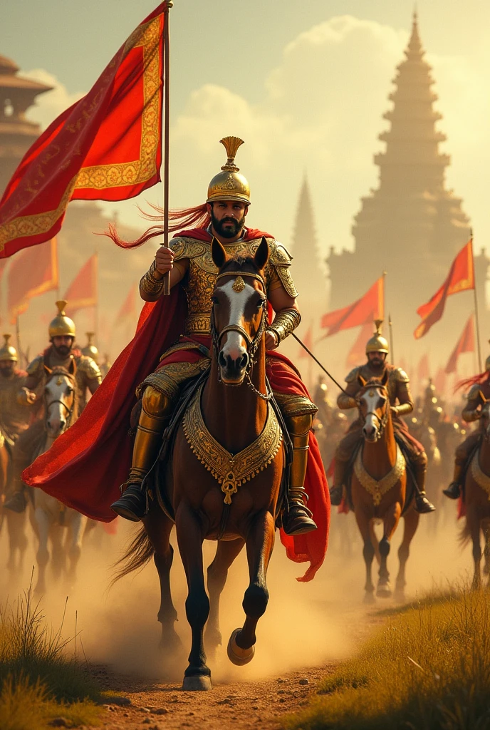 A king and hiss all army in india and her army sit in horse fighting enime