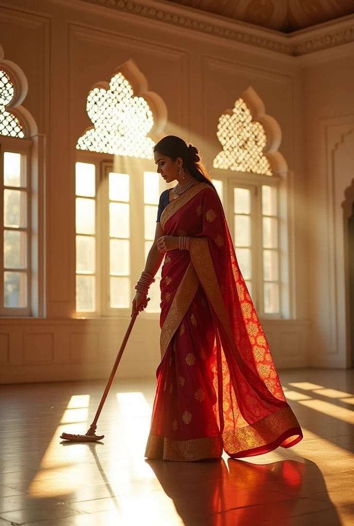 A Indian maid women cleaning floor in saree