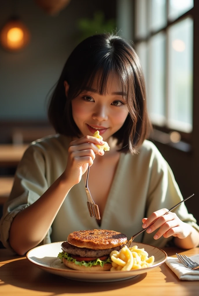 Eating hamburger steak, (Full body shot), Highest quality, Soft Light, Ultra-high resolution, (Realistic:1.4), RAW Photos, Japanese Mature, alone, Are fat, the waist is thick, obesity, cute, (A shy smile:0.5), (Brown eyes, Light in your eyes), (High resolution detail of human skin texture), (Short Bob)
