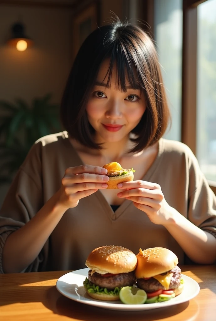 Eating hamburger steak, (Full body shot), Highest quality, Soft Light, Ultra-high resolution, (Realistic:1.4), RAW Photos, Japanese Mature, alone, Are fat, the waist is thick, obesity, cute, (A shy smile:0.5), (Brown eyes, Light in your eyes), (High resolution detail of human skin texture), (Short Bob)