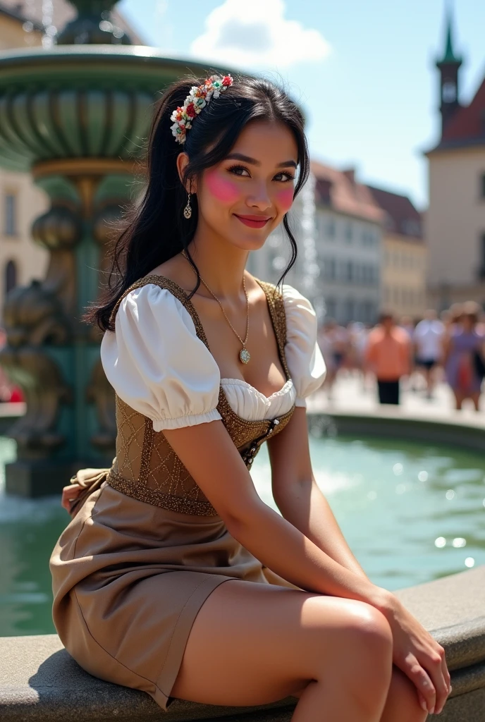 (masterpiece, best quality:1.5), highest quality, High resolution, super detailed, Realists, A torso photo of a 22-year-old black-haired woman, detailed and beautiful eyes, beautiful detailed lips, very detailed eyes and face, longeyelashes, A 22-year-old woman in a beautiful, short, shimmering satin dirndl, Details in the dress fabric, Beautiful and colorful makeup, elegant and noble々Pose, hairband, ponytail hairstyle, Munich as a backdrop, bright daylight, bright colors, fine brushstrokes, Portrait style, beautiful color palette, glowing skin, First-class rendering, that captures every detail, enchanting atmosphere, (perfect anatomy:1.2), (The stunning woman is wearing a beautiful, Short satin dirndl with stockings.. smiling in love and full of joy at the festival, nice legs. She sits on the fountain and presents her stockings and beautiful shoes (magnificent panorama view:1.2)