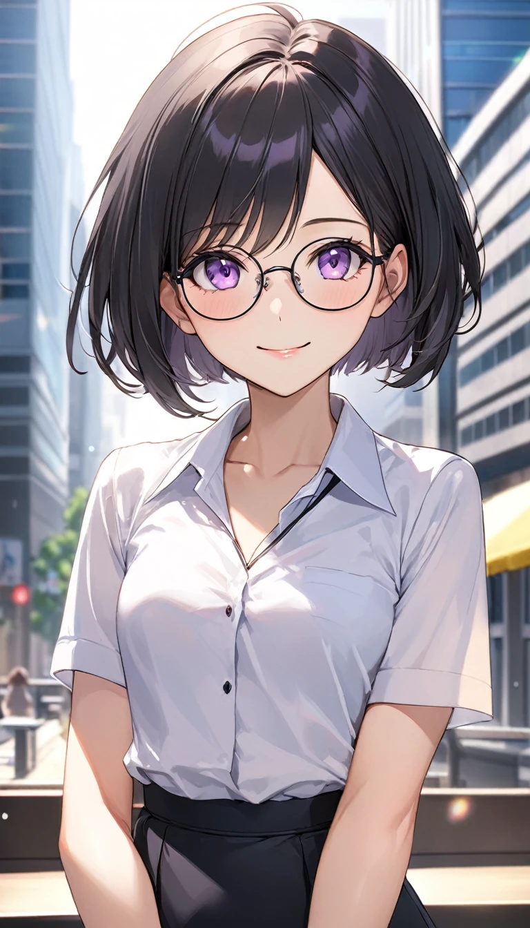 dynamic angle, leaning forward, sexy pose, bewitching pose, Very cute pose, Highest quality、Best image quality、masterpiece、Anime Style、a girl、Beautiful Eyes、black hair, purple eyes、Short bob cut、(sideburns), middle part, (flat chest)、slender、Tight waist、Small Ass、Round Glasses、Beautiful Face、Natural smile, red cheek, office lady, (micro mini-skirt), noon、In the office district、skyscraper、watch、cowboy shot, Shallow depth of field、