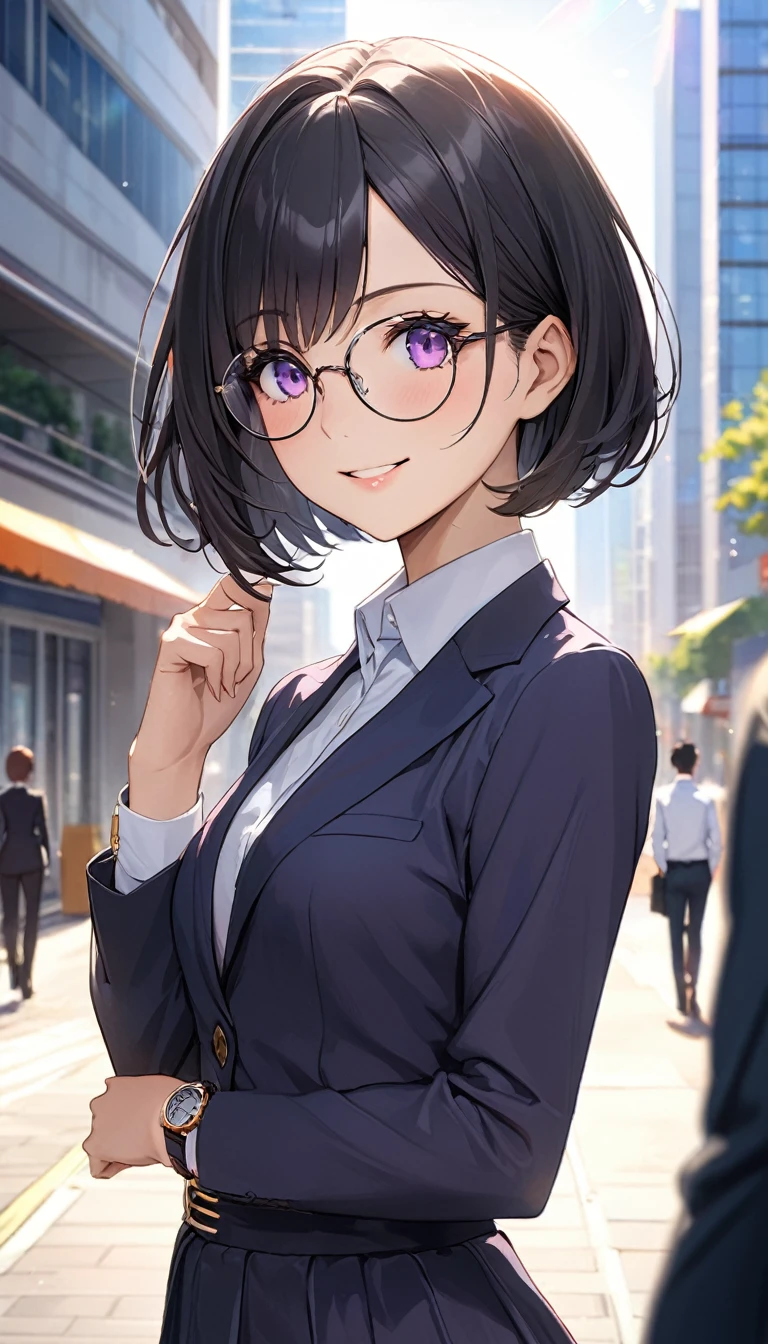 Highest quality、Best image quality、masterpiece、Anime Style、a girl、Beautiful Eyes、black hair, purple eyes、very short bob cut, (flat chest)、slender、Tight waist、Round Glasses、Natural smile, office lady, skirt, noon、Outdoor、upper body, Natural light、Shallow depth of field、looking Watches, Watches, In the office district、skyscraper、Lens flare