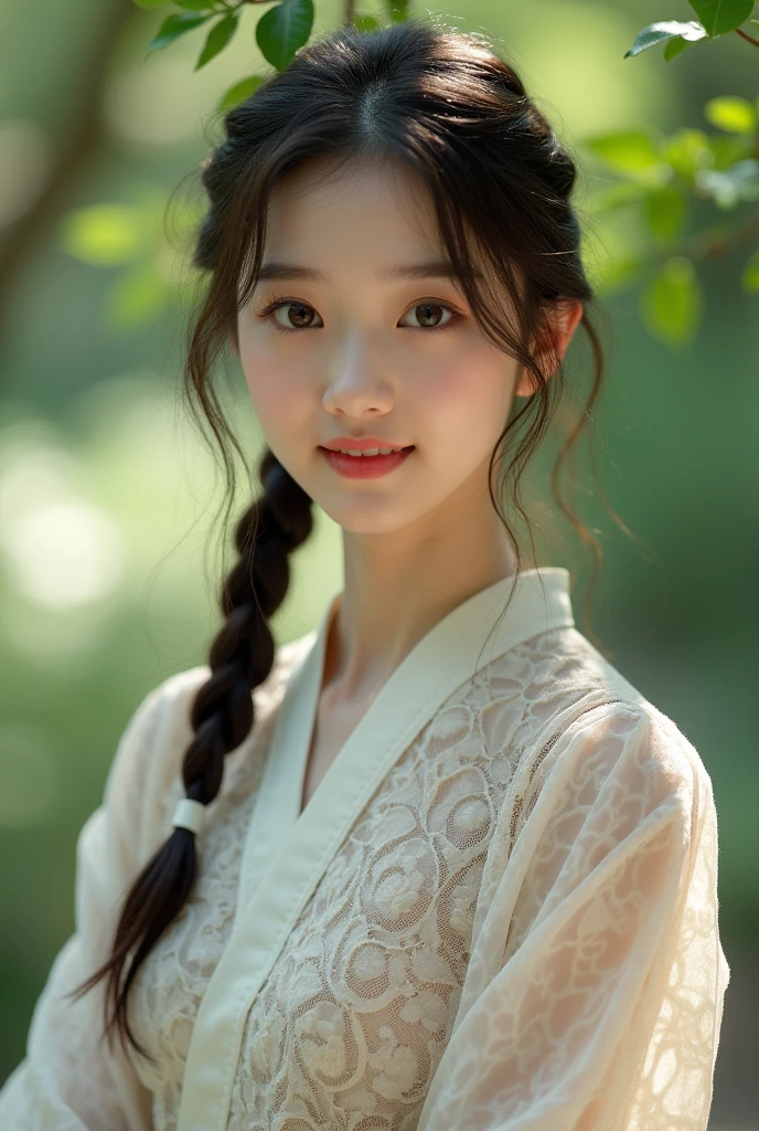 Tabletop, Highest quality, figure, Very detailed, In detail, High resolution, 8k wallpaper, Perfect dynamic composition, Beautiful attention to detail,  Face Focus,  One Japanese person,
Soft Light,Lace blouse ,Braiding,Natural color lip, ,smile,Outdoor、18 year old beauty、cute、looking at the camera