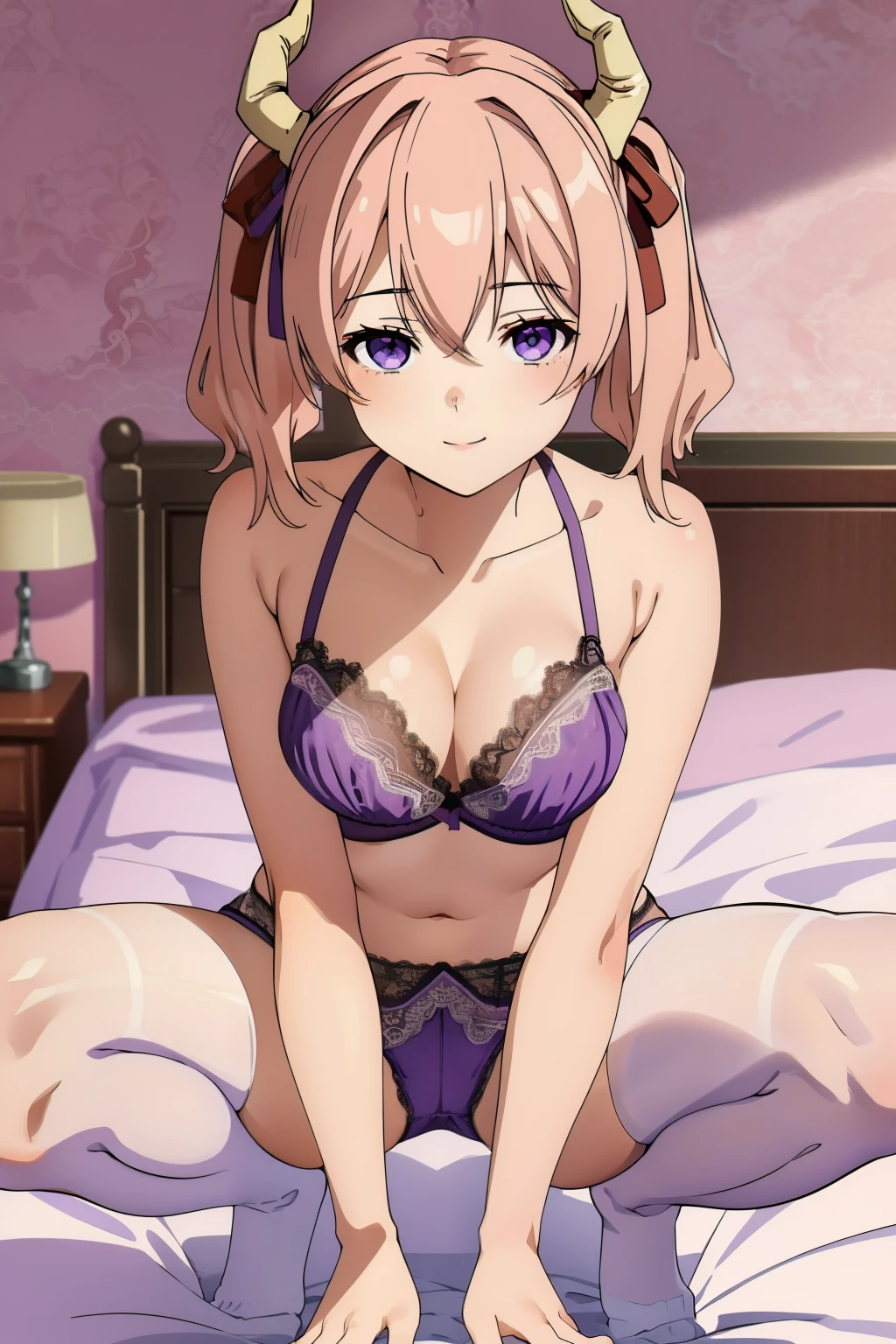 (High resolution), (masterpiece), (Highest quality), (Amazing visuals), (Beautiful character design), 18-year-old,young woman, Beautiful fingers, Beautiful long legs, Beautiful body, line eye, Mary Jane, One girl, alone, Short Twin Tails, Hair between the eyes, Pink Hair, Medium Hair, Devil horns, Dark red hair ribbon, Pointed Ears, Purple eyes, smile,( small Breasts), looking at viewer, (purple lace bra: 1.3), ( purple lace Panties: 1.3), (Realistic purple  lace bra pantie), (squatting), (spread legs), (extreme close up Breasts: 1.3), from above, cowboy shot, indoor, (bed room), nsfw