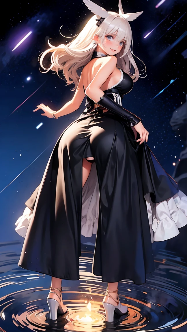 anime illustration, ((((highest quality)))), (((Ultra-precision CG 16K))), (((masterpiece))), BREAK skinny body, slender waist, medium Breasts, (((perky breasts))), ((sagging breasts)), (covered nipples), (((tanned skin, tan lines))) , BREAK ( smiling, blush, determined expression, sweaty , Heavy breathing, embarrassed, ) , (natural make), BREAK narrow eyes, (streaked hair, hair intakes, colored inner hair, ) BREAK (((wearing printed sexy oversized clothing , wearing wide-leg-pants, breasts is covered by outfit, (detailed panty)Narrow aisles,))) , wearing earrings , BREAK ( stick breast out, bending over, ) BREAK (( ripples , under the cosmic sky on the cosmic sea , cosmic effects)), (((full body shot, looking at viewer, ))), BREAK ((cinematic , from behind , from below , (Distant view, Panorama), looking at viewer, )) , pinup magazine pose,