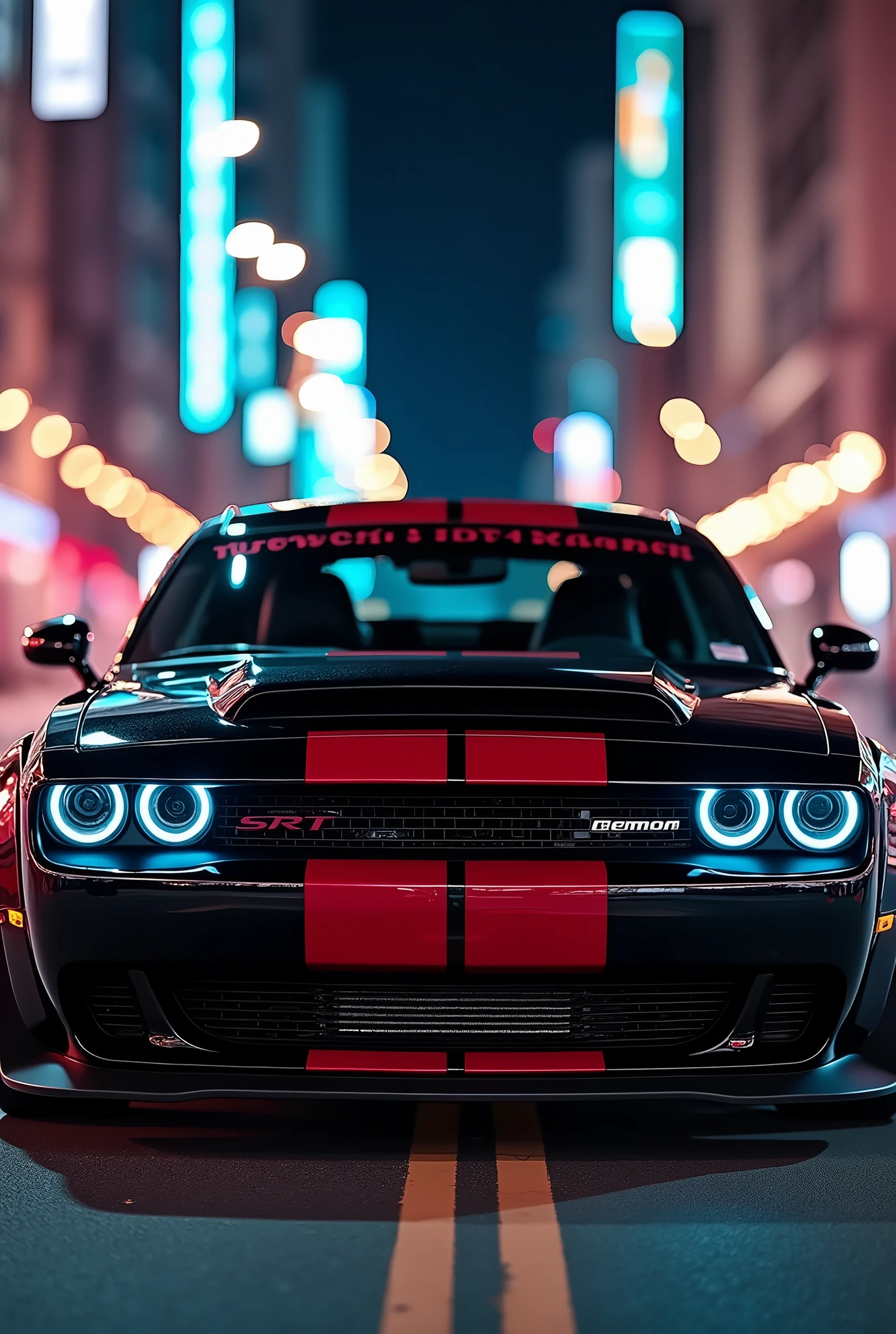 The words 'Turbo Cornbread' written on the front hood of a black SRT Demon with a body kit and red stripes going down the middle with city lights reflecting on the paint of the car.