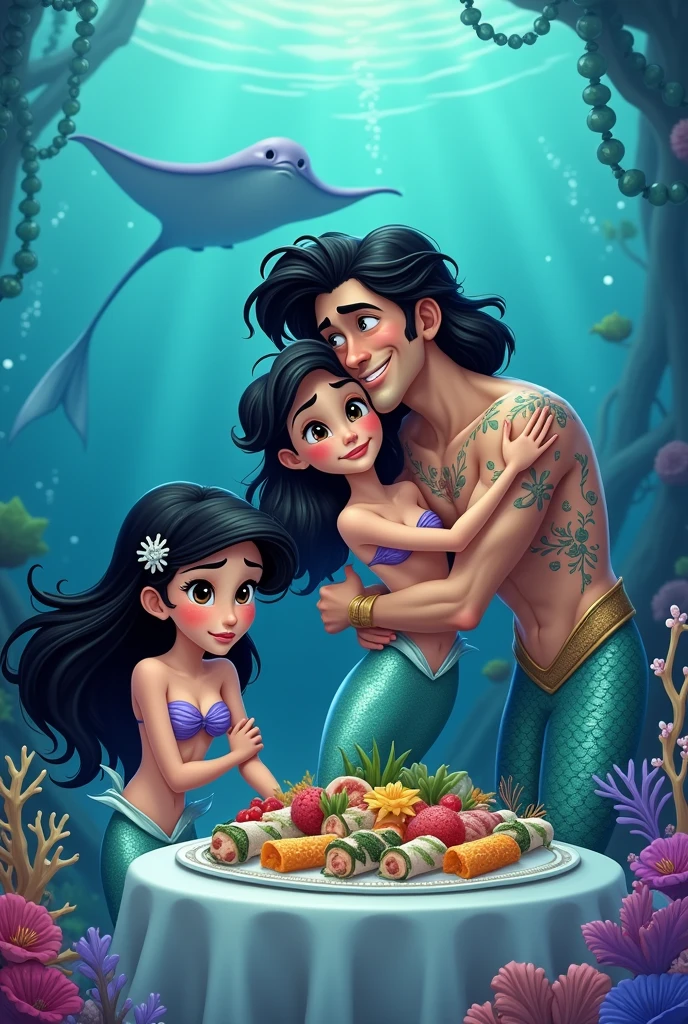 Cartoon drawing of a little mermaid with black hair and a silver tail, confused, being hugged by her merman dad. Beside them is her mermaid mom, next to a table with food. Behind them is a large manta ray and they are at the bottom of the sea.