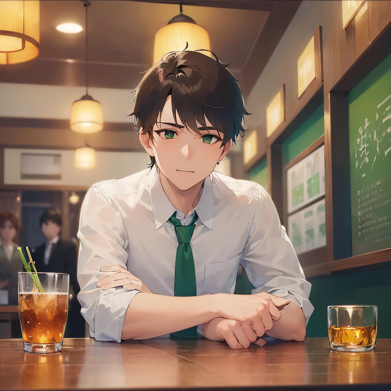 BREAK (25-year-old male:1.5) and (Brown short hair) and (Green Eyes)BREAK,(looking at viewer:1.5)Upper Body,
shiny skin, masterpiece、Highest quality、BREAK (white collared shirt) and (Green tie:1.5)BREAK
smile、The background is the inside of a Japanese pub at night.、(alone:1.5)
