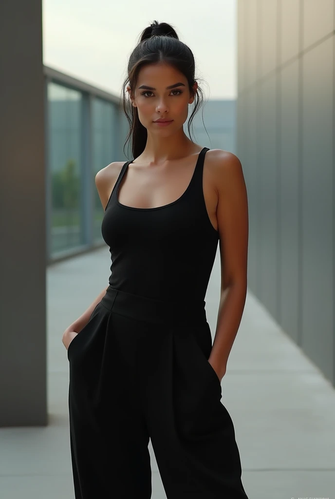 beautiful young woman, wears a black jumpsuit in a high fashion style, tied black hair, Model style

White, with a curvy body 