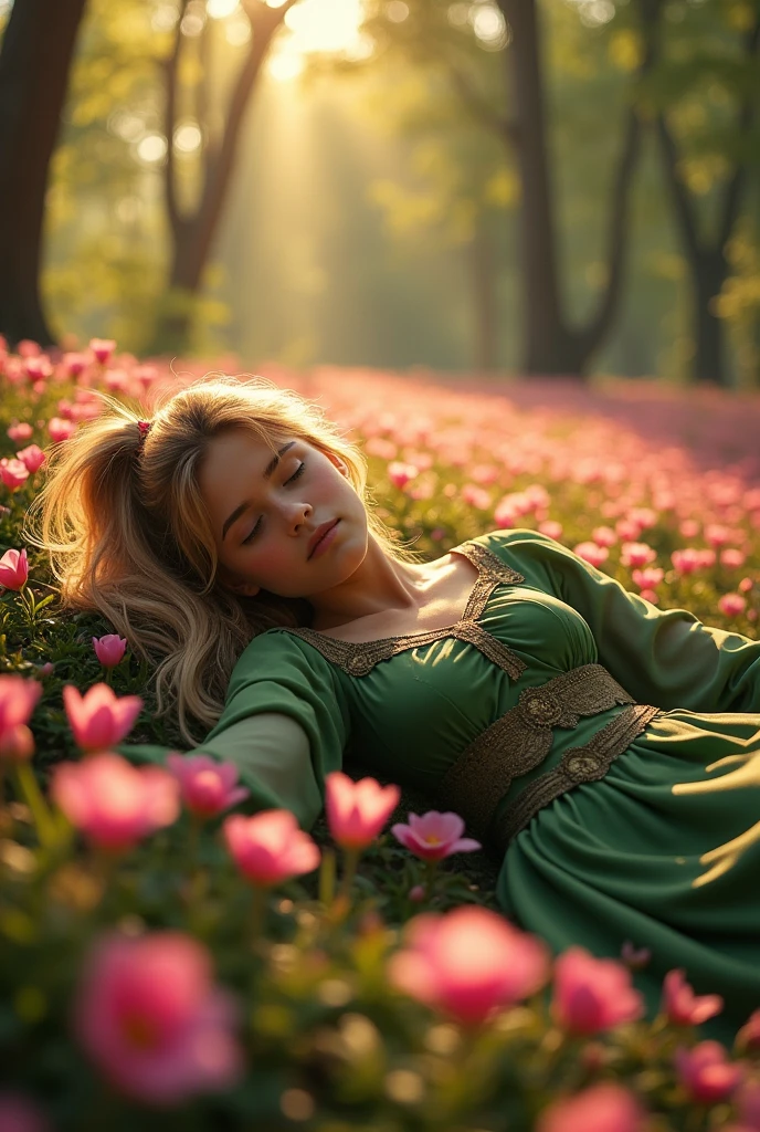 Beautiful young 18 years old girl , in forest , gold hair, full body, around pink flowers, dark , open chest, sleep, hot, pony tail hair,more realistic, big chest, nude, green warrior dress