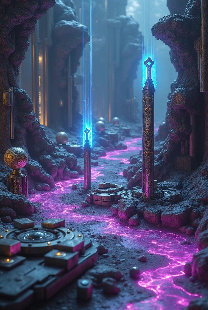  Show an environment where technology and magic intertwine in a visually striking way. Focus on advanced and corrupted devices, as weapons, shields and ancient machines, that mix circuits and magical runes. Add elements like glowing crystals and magical energy beams interacting with technology, creating an atmosphere charged with mysticism and technological decadence. The scene should reflect the fusion of technology and magic, with a color palette that combines metallic tones, electric and magical, showing the contrast between technological advancement and post-apocalyptic wear and tear

