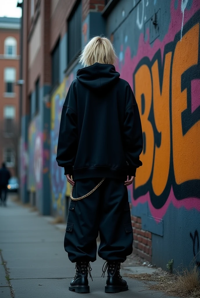 a trap singer, male, dark blond, looked from back, wearing all black clothes, oversized, hoodie, wide trousers, boots, chains, streetwear, FACING A WALL, WITH THE WORDS "TORINO" AND "BYE" WRITTEN ON THE WALL
