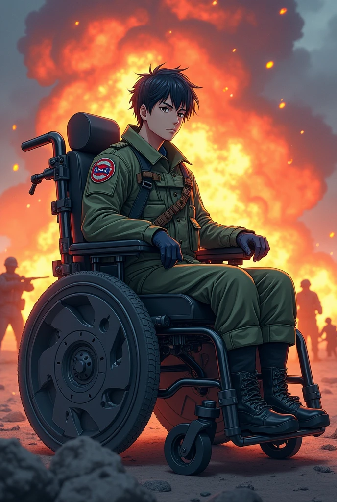 Disabled soldier styled in a wheelchair anime