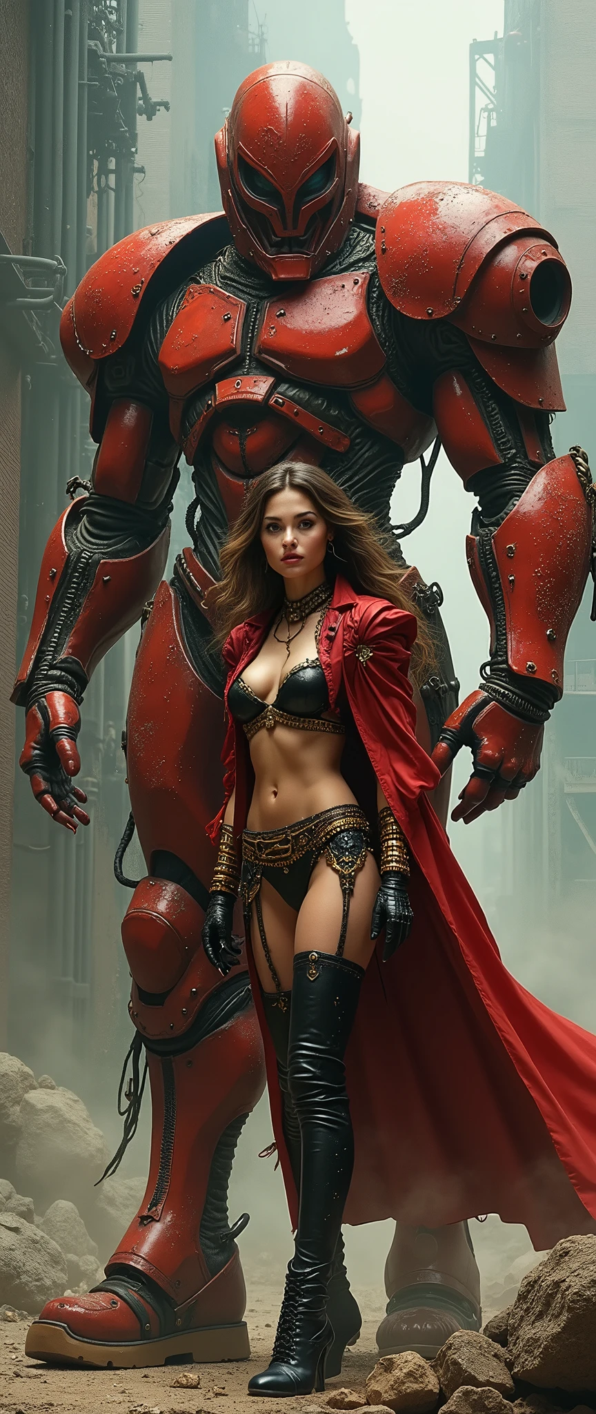 A glamorous steampunk heroine, adorned in intricate Red gold highlights and leather attire, stands confidently next to a colossal, mechanized titan. The scene is set against a dramatic, industrial backdrop reminiscent of Gerald Brom's dark and fantastical style combined with Frank Frazetta's dynamic and muscular aesthetics. The atmosphere is charged with a blend of gritty steampunk elements and epic fantasy, with an emphasis on bold contrasts and intense energy.