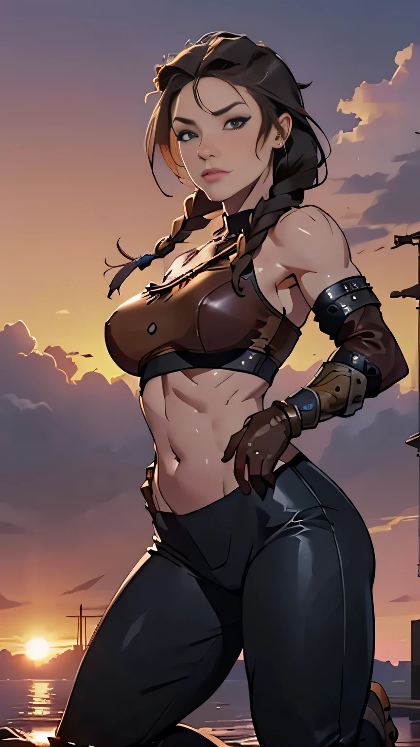 photo of mlp Meowko, RAW, beautiful woman, ((portrait)), ((detailed face:1.2)), ((anime face, anime facial feature, clear skin, glossy anime lips, clear skin), (long haircut, brunette, Warrior braids: 1.55), (perfect proportioned body, Strong, muscular, narrow waist, narrow hips, skinny, large breasts, exposed belly button and abbs), ((she wears a detailed chainmail and leather, Brown leather, bare arms, simple Viking armor, leather combat pants, bare midriff, no gloves:1.1)), Fighting using an axe, kneeling by the river, splits kneeling, legs open, huge battle, Viking ships on a river, (realistic photo, best quality, detailed), (8k wallpaper), (bright cinematic lighting, lens flares, beautiful light, (sunset:1.3)) (sharp focus, intricate)