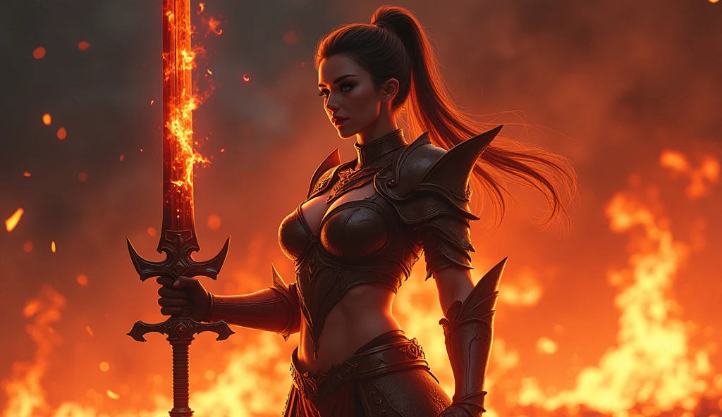 Beautiful mature female demon, horns, tail, cruel smile, red skin, sexy fetish armor, wreathed in fire, (fiery eyes:1.2), temptation, taking your soul, hellscape background, tortured souls, hordes of hell in the distance, (masterpiece), (photorealistic:1.4), RAW photo, best quality, high res, rich colors, backlight, bright sunlight, cinematic lighting, film grain, raw photo, 50mm lens, Nikon D850, warm colors