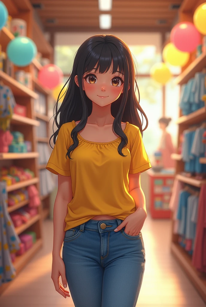 (masterpiece:1.3), (8K、photorealistic, Raw photo, best quality:1.4), (1 girl), (solo), (cute, little:1.5), (very cute face:1.5), (Symmetrical perfect face), una chica una blusa amarilla y jeans azules en una tienda, Misty de Pokémon,is weatambiéng a swimsuit, traje asuka debajo de la ropa!, volume lighting, soft light, bright, Bright colors, realistic, highest quality, photo-realistic