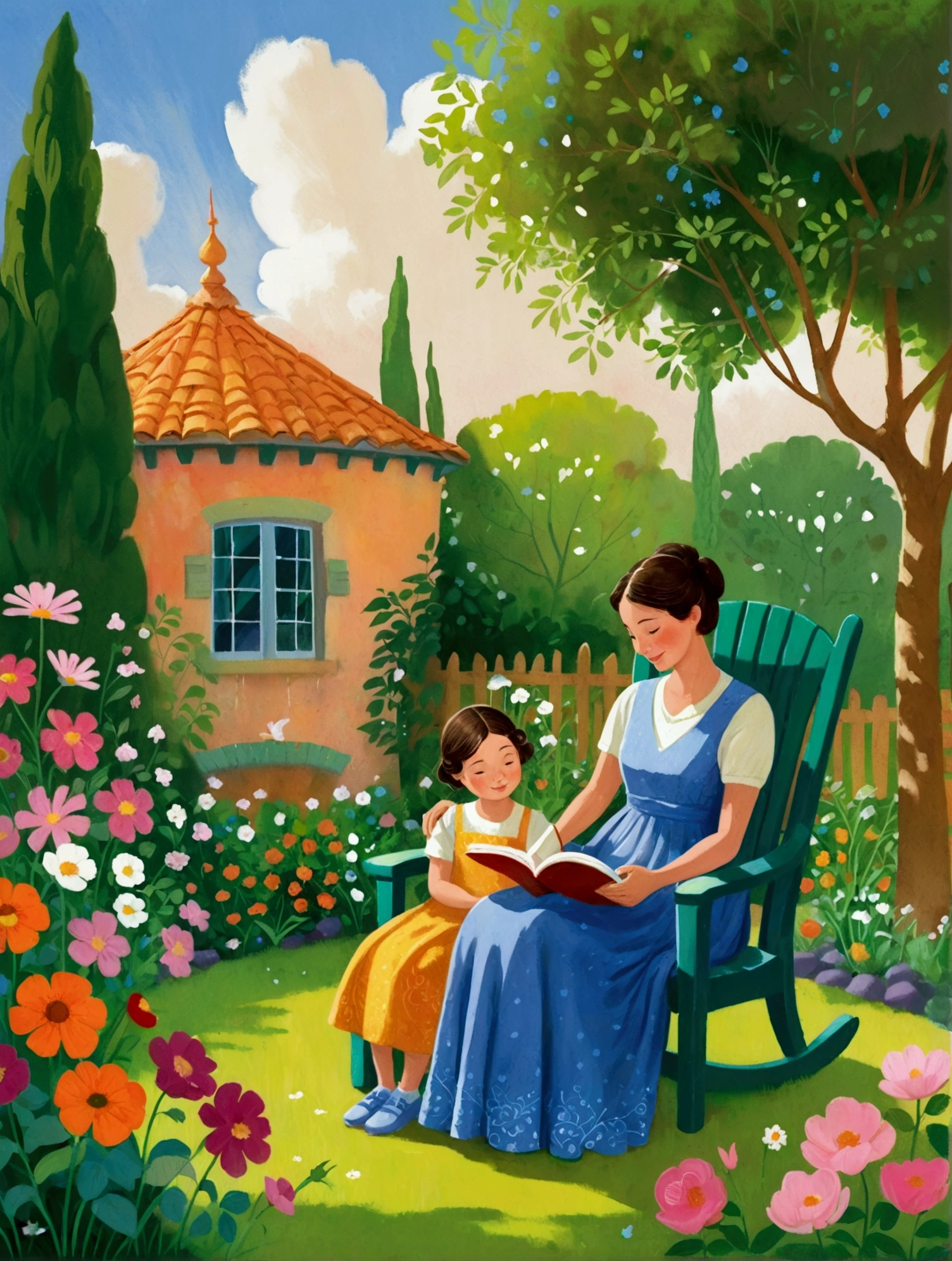 painting of a woman and child sitting in a chair in a garden, children book illustration, children's book illustration, children’s book illustration, story book illustration, colorful kids book illustration, storybook illustation, children's illustration, childrenbook illustration, illustration for children, childrens book illustration, storybook illustration, a storybook illustration, a beautiful artwork illustration