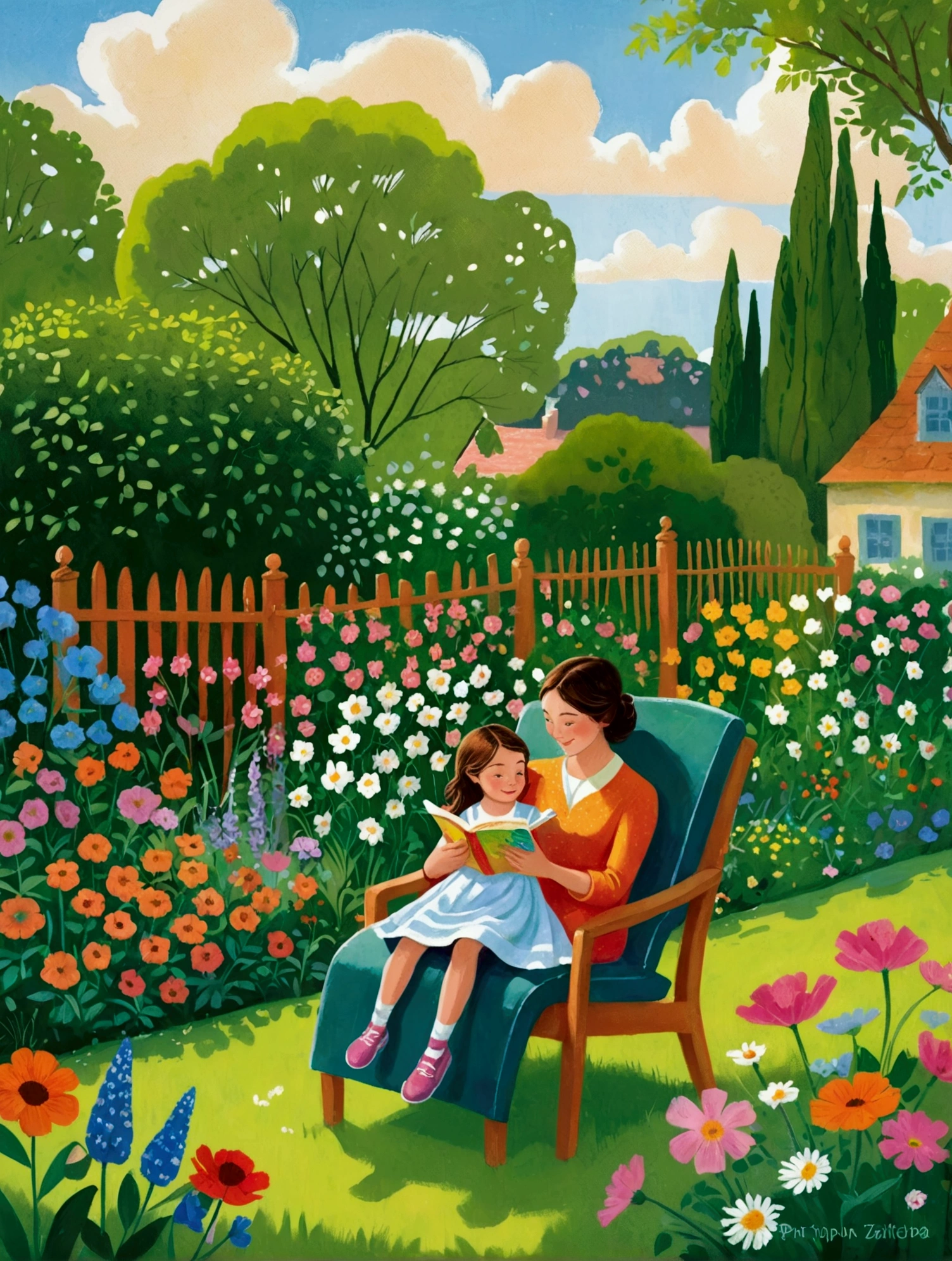 painting of a woman and  sitting in a chair in a garden, children book illustration, children's book illustration, children’s book illustration, story book illustration, colorful kids book illustration, storybook illustation, children's illustration, childrenbook illustration, illustration for children, childrens book illustration, storybook illustration, a storybook illustration, a beautiful artwork illustration