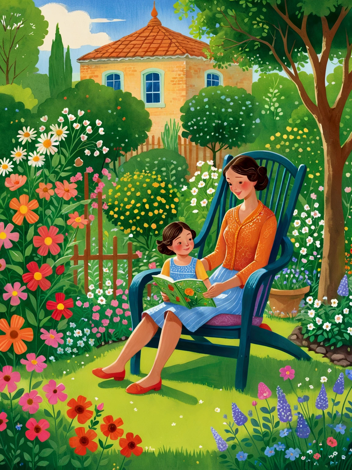 painting of a woman and child sitting in a chair in a garden, children book illustration, children's book illustration, children’s book illustration, story book illustration, colorful kids book illustration, storybook illustation, children's illustration, childrenbook illustration, illustration for children, childrens book illustration, storybook illustration, a storybook illustration, a beautiful artwork illustration