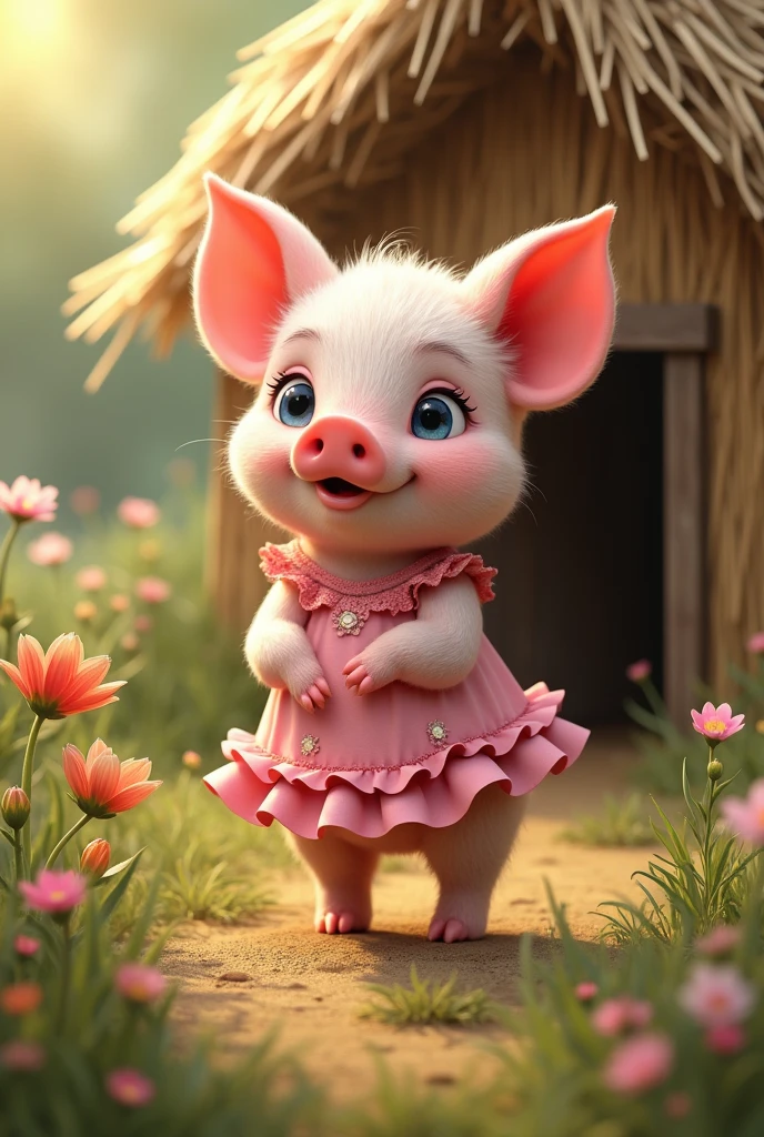 full-body illustration, (1piglet:1.2), (cute and chubby:1.3), wearing a pink floral dress with ruffled edges, standing on hind legs, (adorable expression:1.3), big blue eyes, small snout, (realistic fur texture), (nature background:1.2), surrounded by flowers and grass, (building a small house made of straws), standing in front of a small wooden door with a thatched roof, sunlight filtering through the leaves, (soft lighting:1.3), (warm and bright color scheme:1.3), (highly detailed), (ultra quality:1.3), (masterpiece), (digital art), 8K resolution, HDR, depth of field, (soft shadows), (photorealistic:1.3), (animation:1.2), (by Greg Rutkowski:0.9), (in the style of Alphonse Mucha), trending on ArtStation, award-winning art
