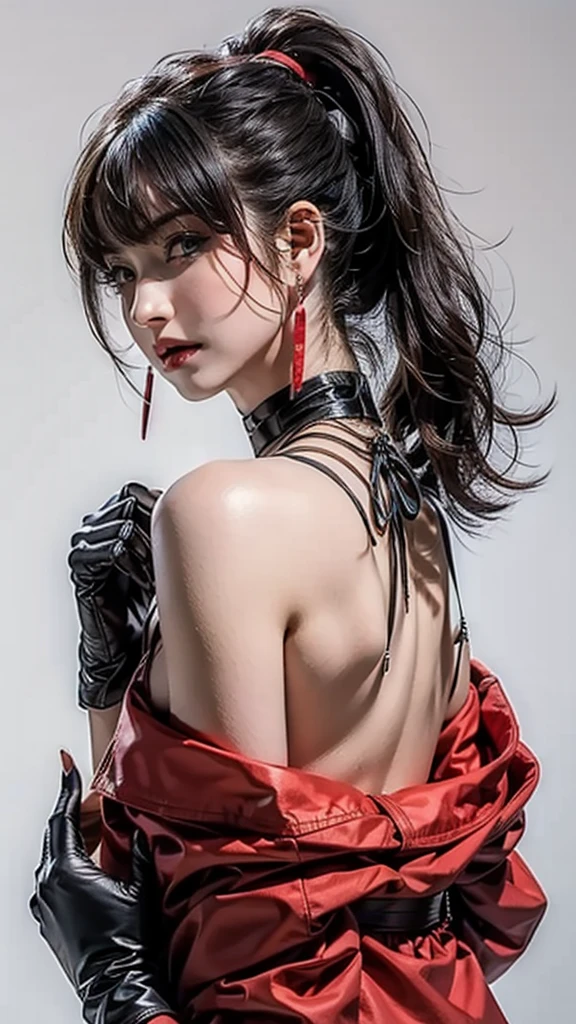 Photorealistic, high resolution, 1 woman, Hips up, Beautiful eyes, Long hair, ringed eyes, jewelry, tattoo, amagiswimsuit, fox_girl, back view