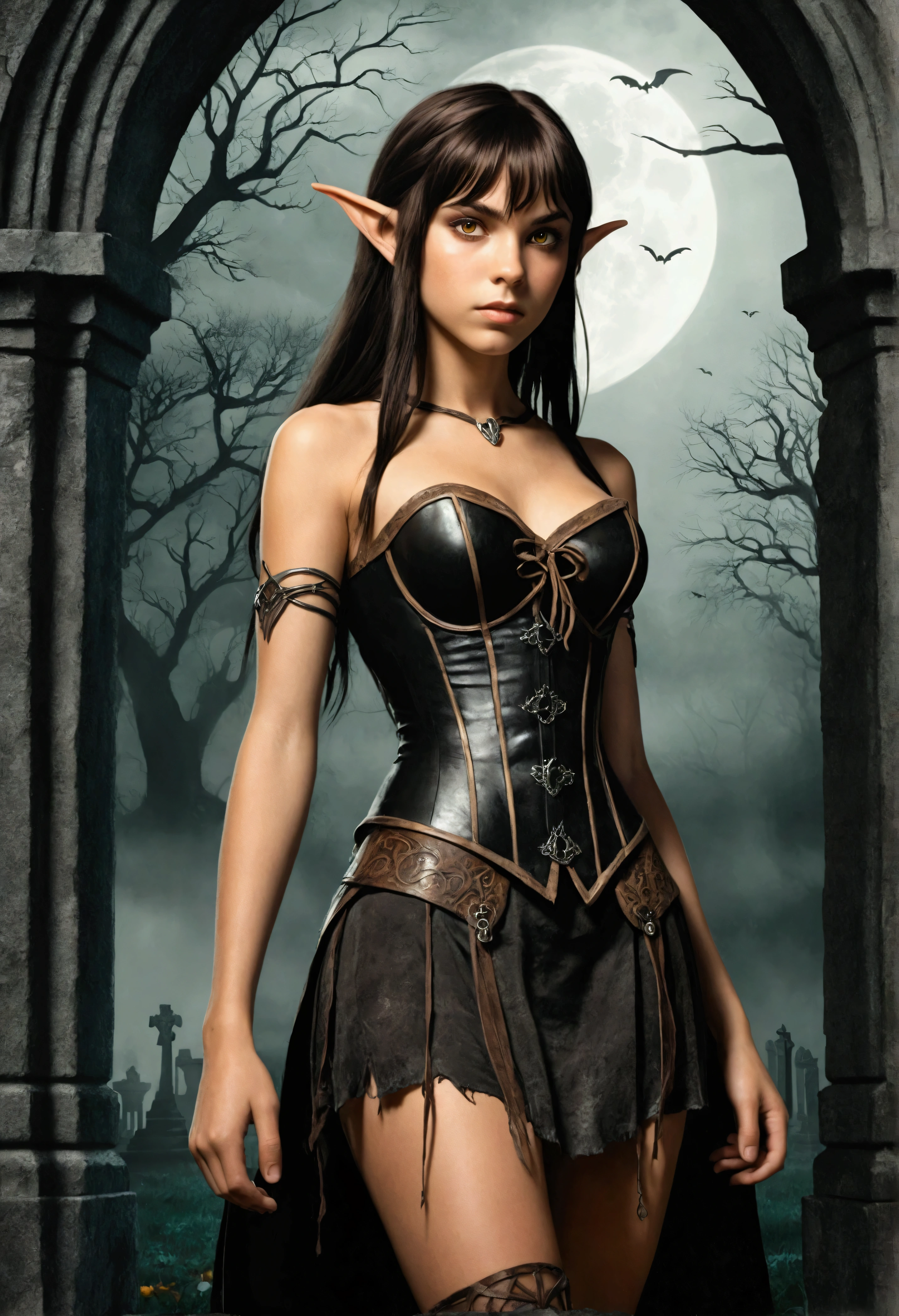 An illustrated movie poster, hand-drawn, full color, a teenage elven girl, wearing a black corset and a frayed miniskirt, tall, toned, amazonian stature, athletic hourglass figure, long pointy elf ears, amber eyes, dark hair, shaggy bob cut with thick bangs, deep sun-tanned skintone, freckles, standing in a spooky gothic cemetery, graphite shading, stencil marks, airbrushed acrylic paint, masterpiece, in the style of the Lord of the Rings