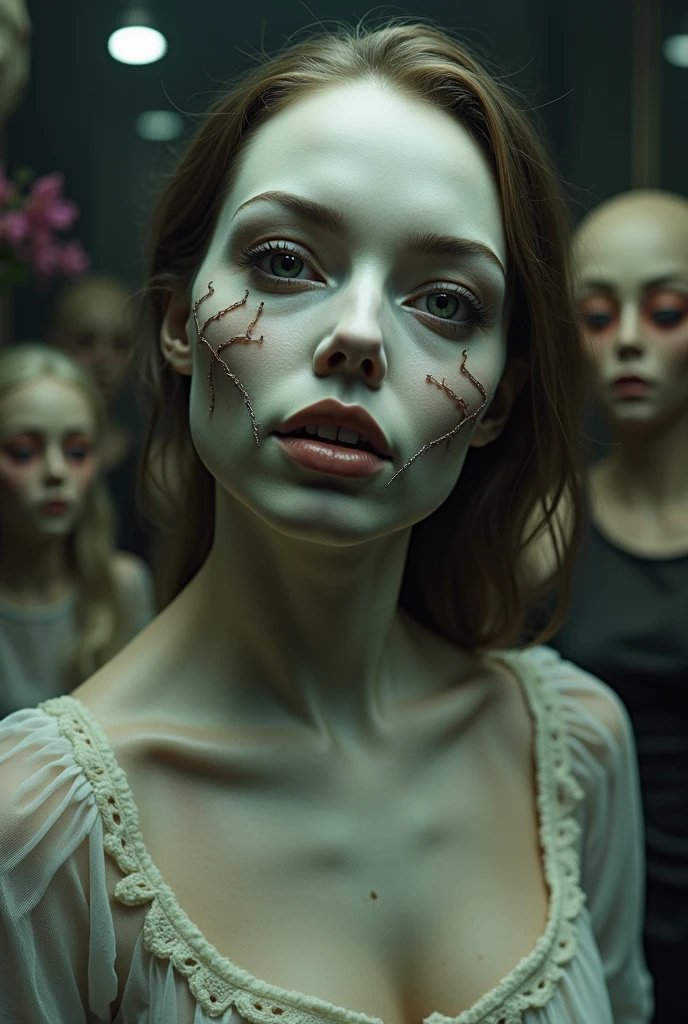 They melt ceramics on a woman's face to force her into a human doll and they stuff her with filler and put a pair of glass eyes on her. Finally, they put her in a machine that prevents her from moving and they dress her and put makeup on her, they sew her lips together and put her in a store.