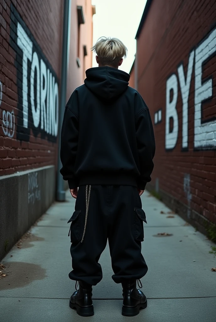 a trap singer, male, dark blond, looked from back, wearing all black clothes, oversized, hoodie, wide trousers, boots, chains, streetwear, FACING A WALL, WITH THE WORDS "TORINO" AND "BYE" WRITTEN ON THE WALL