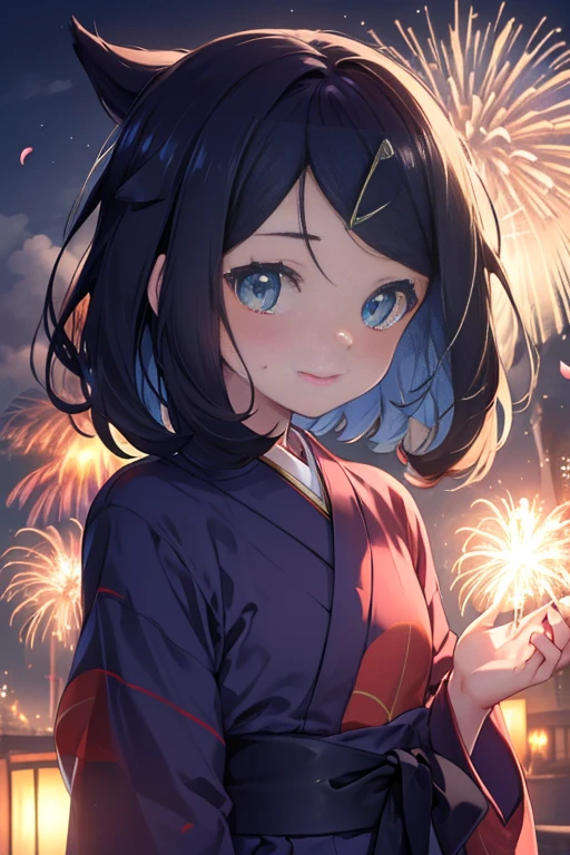 (((((nsfw))))), (masterpiece, Highest quality, 8K ultra-high resolution:1.4), ****, kawaii, Pokemon Riko, (A colorful navy blue yukata, night: 1.4), (Summer festival), ((turn around)), Beautiful Eyes,Flash photography, Backlight,  ((Close-up of face:1.4)), (The best smile of my lover:1.4), ((((Smile brightly)))), (Show your palm to the camera), (Beckon), Written boundary depth, Dramatic portrayal, (Colorful fireworks background), Focus of the film, , Emotional composition, Emotional engine full throttle BREAK Young and cute, Slender body, Flat Chest, Highly detailed glossy skin,Sweat,  完璧なPokemon Riko
, Wind, detailed in the Wind, petals dancing in the Wind
BREAK
ultra detailed crystal eyes, Eyes like shining jewels