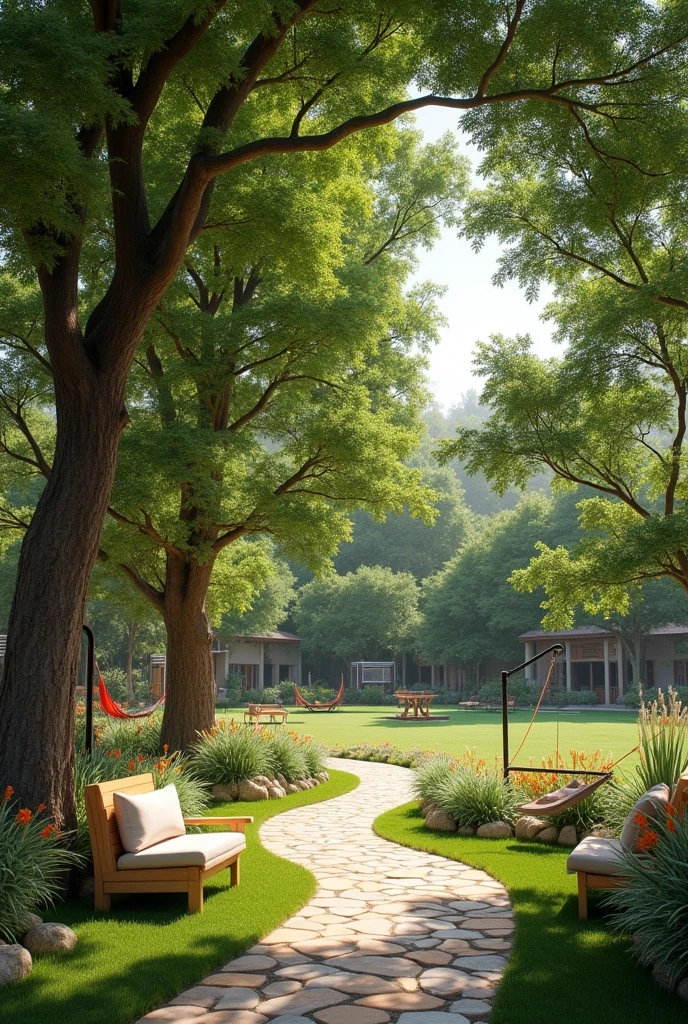 Rest and Reading Area: - Benches and hammocks under trees. - Small outdoor library with books on wine and sustainability. 3. Aromatic Plant Garden: - Aromatic and medicinal herb garden with stone paths. 4. Sports Area: - Grass field for soccer and volleyball. - Outdoor exercise equipment.