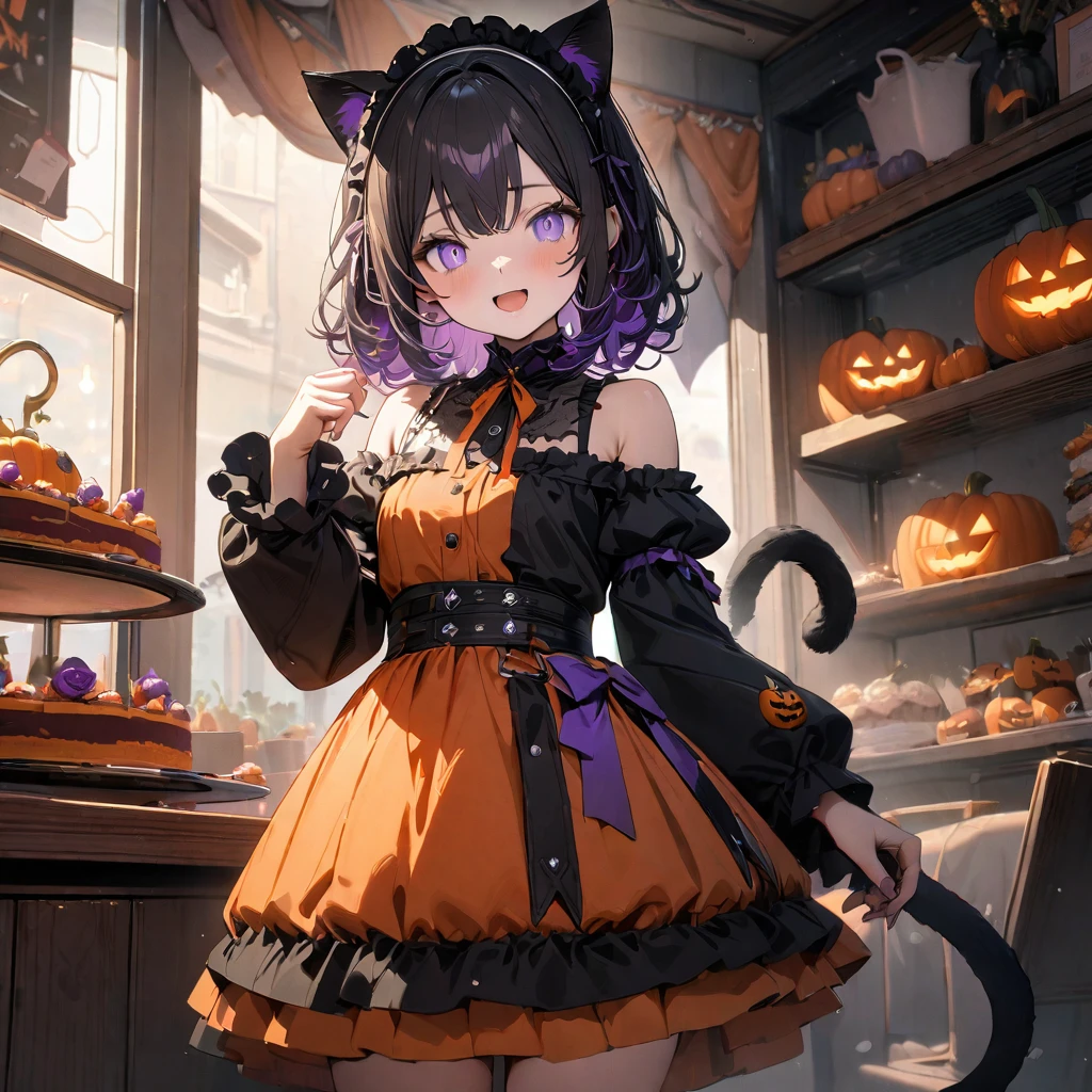 (8K, best quality, master piece: 1.2),super high resolution,1 idol,solo,16yo,ultra-detailed face,detailed eyes,violet eyes,curl outward hair violet,blrak hair,Cold-Shoulder Sleeves,orange Halloween dress, gothic fashion,pumpkin and ribbon maid headdress,:d,black Cat ears,Black cat tail,looking at viewer,Cowboy Shot,rim light,holding a Halloween cake,indoors cake shop,highly detailed illustration,masterpiece,8K,top quality
