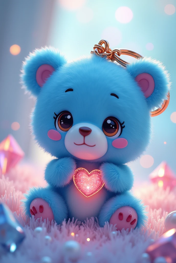 A close-up of a blue cartoon bear keychain，There is a heart in the chest, Lovely and detailed digital art, Popular on artstation pixiv, Beautiful and lovely lighting, Detailed fan art, Beautiful animal pearl queen, Cute digital art, Digital Art on Pixiv, Lovely detailed artwork, [ Tarot ]!!!!!, Dreamy and detailed, official art works, Profile picture 1024px，crystal
