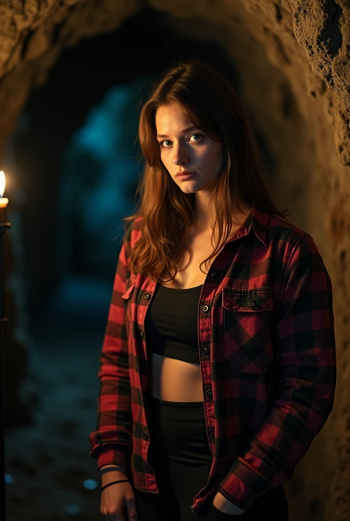 photograph of a woman, (disturbed facial expression), texturized skin, shiver, straight brown hair, flannel plaid shirt with gym clothes, cowboy shot, dark and mysterious cave with unique rock formations and hidden wonders, perfects eyes, (candle light,Bright dark), Support 160 colors, Shot on ARRI ALEXA 65, bokeh, sharp focus on the subject, filmed by Don McCullin
