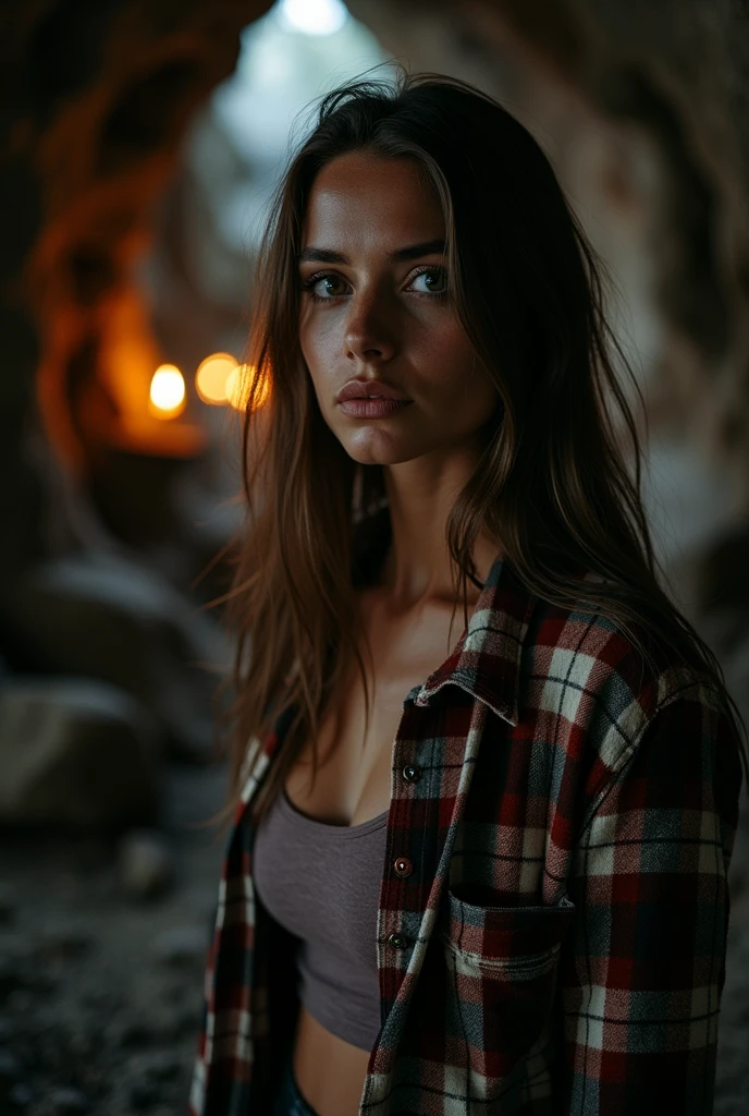 photograph of a woman, (disturbed facial expression), texturized skin, shiver, straight brown hair, flannel plaid shirt with gym clothes, cowboy shot, dark and mysterious cave with unique rock formations and hidden wonders, perfects eyes, (candle light,Bright dark), Support 160 colors, Shot on ARRI ALEXA 65, bokeh, sharp focus on the subject, filmed by Don McCullin