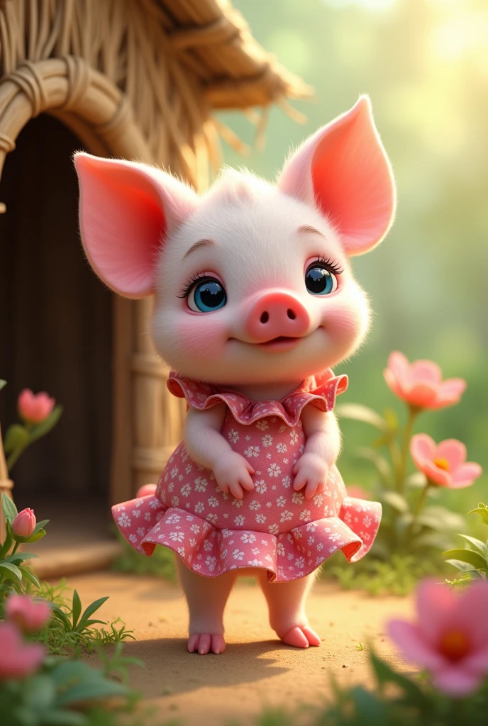 full-body illustration, (1piglet:1.2), (cute and chubby:1.3), wearing a pink floral dress with ruffled edges, standing on hind legs, (adorable expression:1.3), big blue eyes, small snout, (realistic fur texture), (nature background:1.2), surrounded by flowers and grass, (building a small house made of straws), standing in front of a small wooden door with a thatched roof, sunlight filtering through the leaves, (soft lighting:1.3), (warm and bright color scheme:1.3), (highly detailed), (ultra quality:1.3), (masterpiece), (digital art), 8K resolution, HDR, depth of field, (soft shadows), (photorealistic:1.3), (animation:1.2), (by Greg Rutkowski:0.9), (in the style of Alphonse Mucha), trending on ArtStation, award-winning art