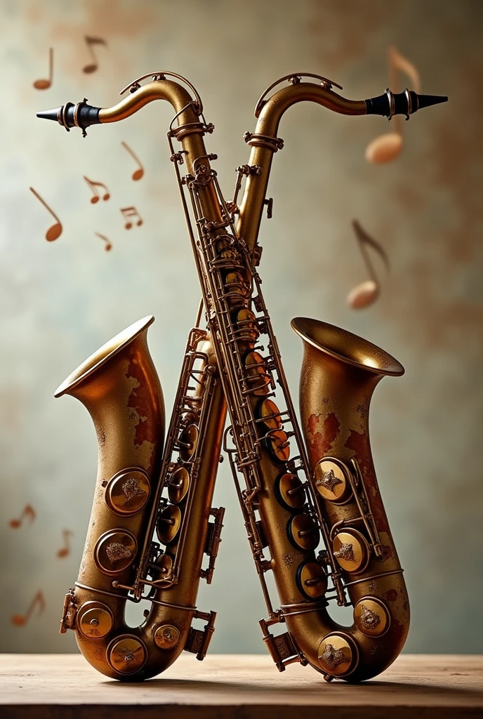 Two saxophones crossed over each other with brown and white paint like the skin of horses.