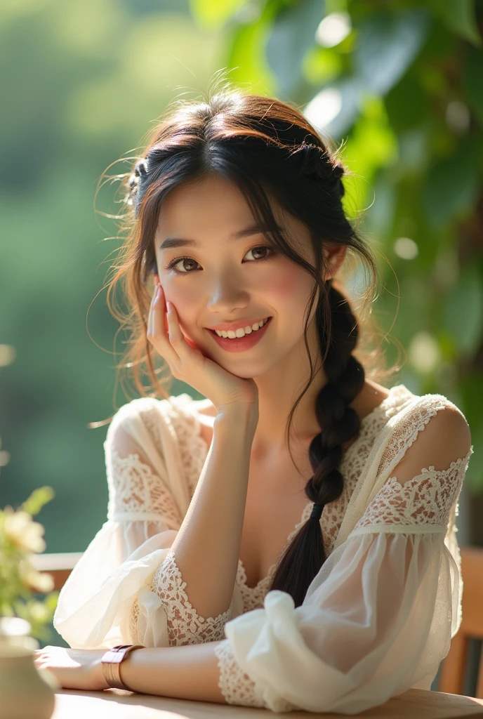 Tabletop, Highest quality, figure, Very detailed, In detail, High resolution, 8k wallpaper, Perfect dynamic composition, Beautiful attention to detail, Face Focus, One Japanese person,
Soft Light,Lace blouse ,Braiding,Natural color lip, ,smile,Outdoor、18 year old beauty、cute、looking at the camera