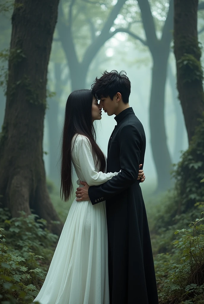 a white girl with dark brown straight hair and dark brown eyes and a boy who plays in a rock band who dresses in black and has black brown hair and gray eyes who are boyfriends and are in a gothic forest, that the girl is dressed in white and looks like an angel