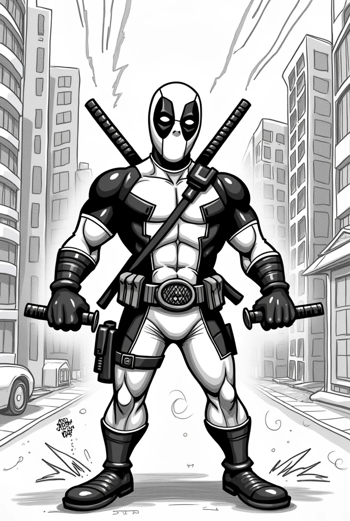 black and white cartoon drawing of Deadpool
