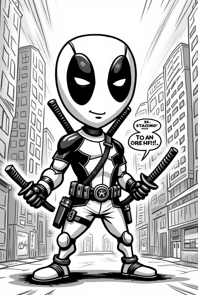 black and white cartoon drawing of Deadpool