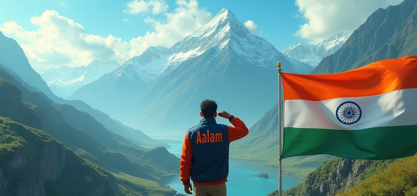 On the right side, a large Indian flag waves proudly, with a Man standing and saluting it. His back is to the viewer, and on the back of his jacket, the name 'Aalam' is clearly written. On the left side, a serene landscape with mountains and a flowing river completes the scene, creating a patriotic and picturesque 3D environment