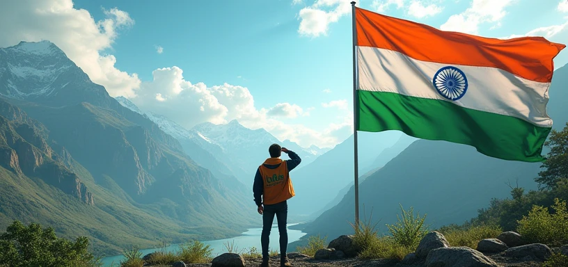 On the right side, a large Indian flag waves proudly, with a Man standing and saluting it. His back is to the viewer, and on the back of his jacket, the name 'Aalam' is clearly written. On the left side, a serene landscape with mountains and a flowing river completes the scene, creating a patriotic and picturesque 3D environment