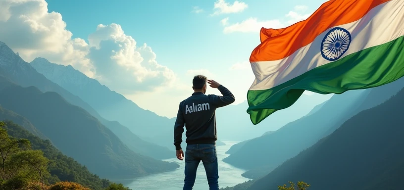 On the right side, a large Indian flag waves proudly, with a Man standing and saluting it. His back is to the viewer, and on the back of his jacket, the name 'Aalam' is clearly written. On the left side, a serene landscape with mountains and a flowing river completes the scene, creating a patriotic and picturesque 3D environment