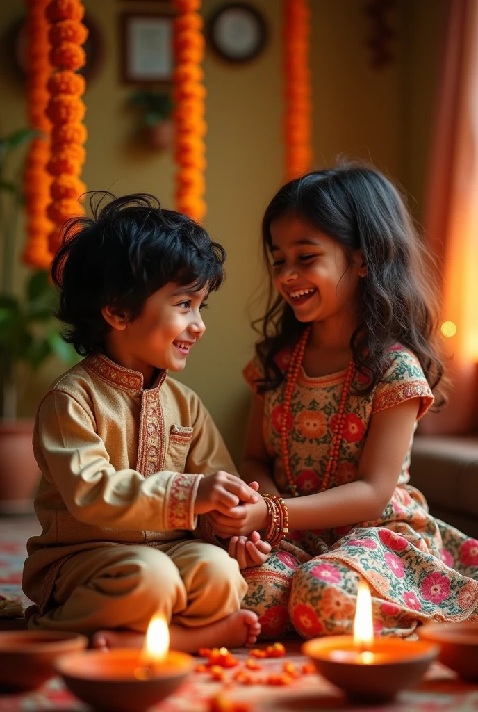 Boy and girl celebrate rakshabandhan, realistic photography 